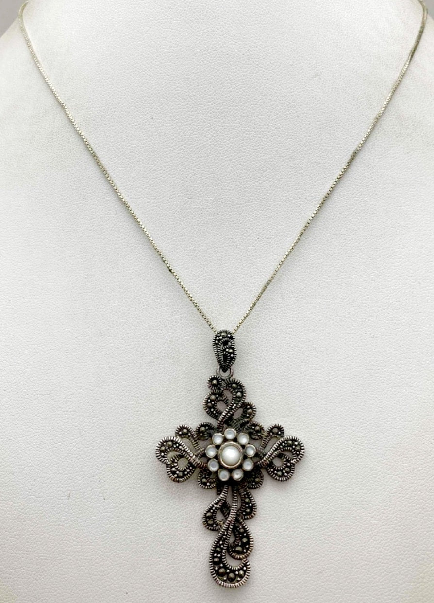 Large Sterling Silver .925 & Marcasite Cross 16" Necklace