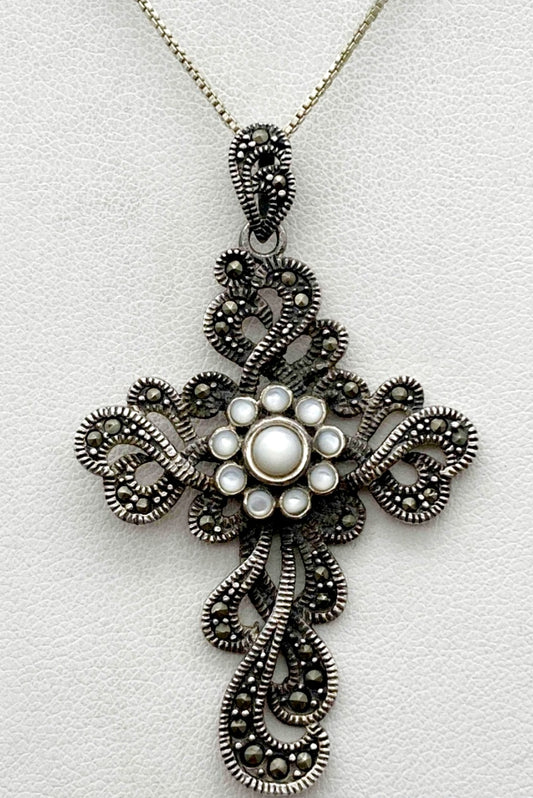 Large Sterling Silver .925 & Marcasite Cross 16" Necklace