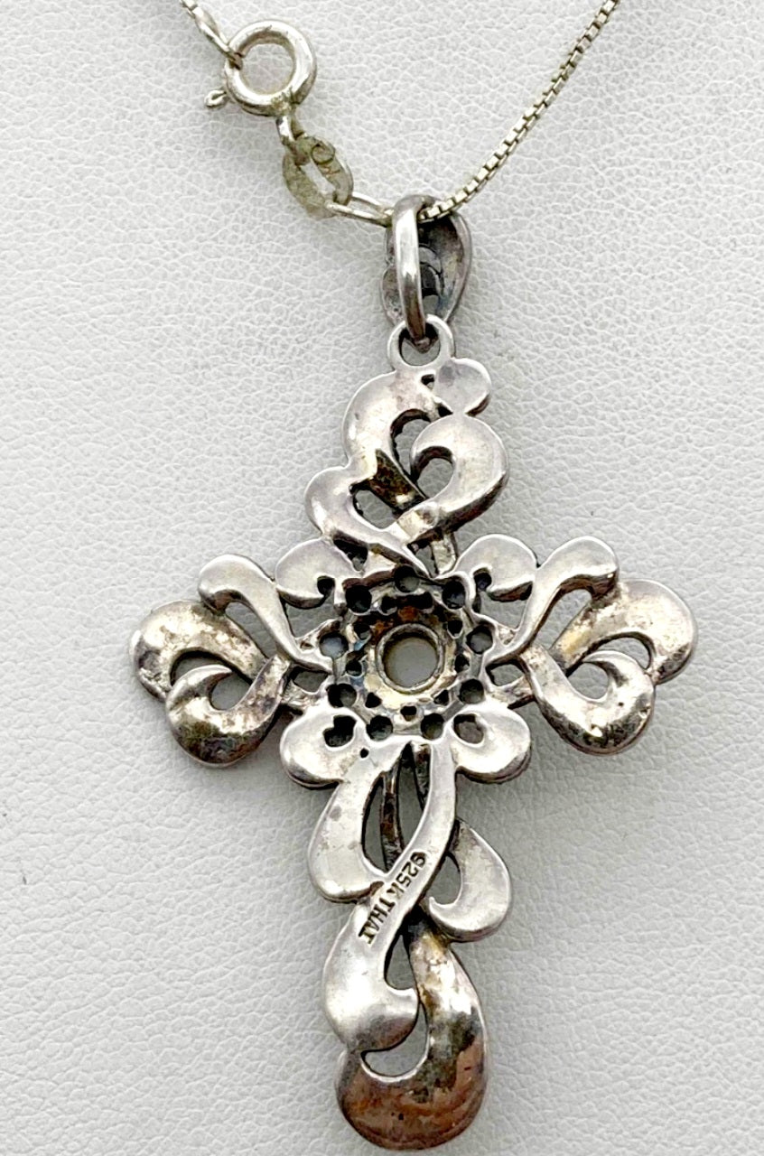 Large Sterling Silver .925 & Marcasite Cross 16" Necklace