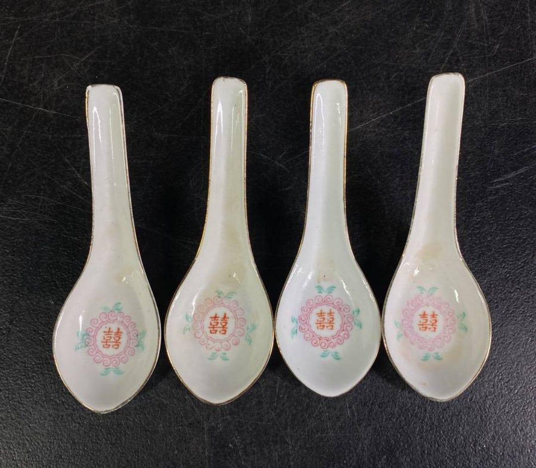 Four (4) *Colorful/Floral Chinese Bowls & (4) White Spoons