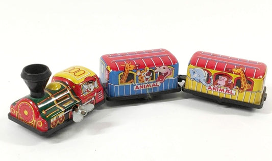 Vintage *Wind-up "Zoo Animals" 3-pc Tin Train 10" Long (Doll Toys)