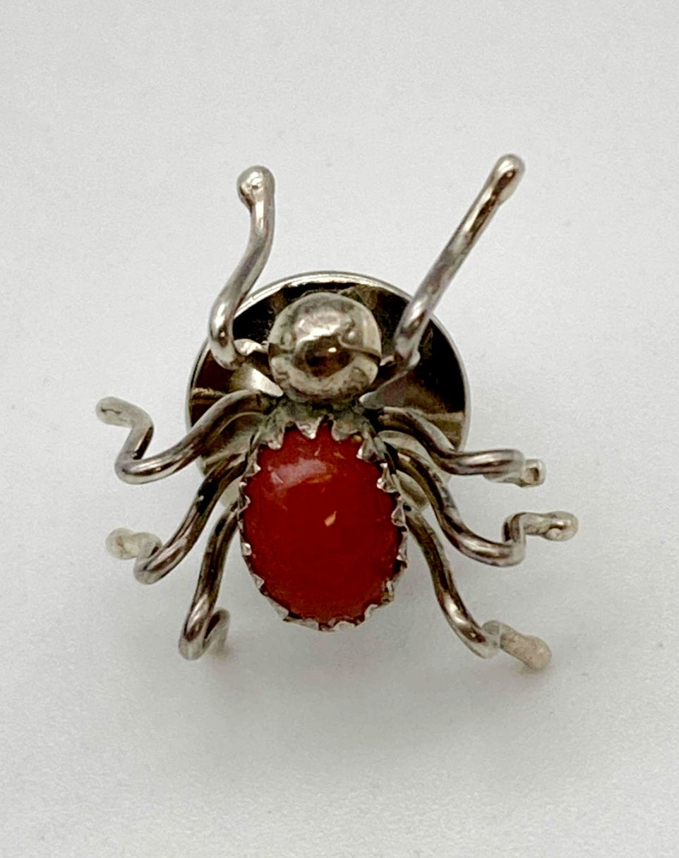 Eight Legs! *A Silver "SPIDER" with a Coral Stone Body Brooch/Pin