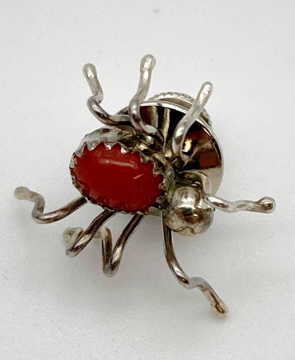 Eight Legs! *A Silver "SPIDER" with a Coral Stone Body Brooch/Pin