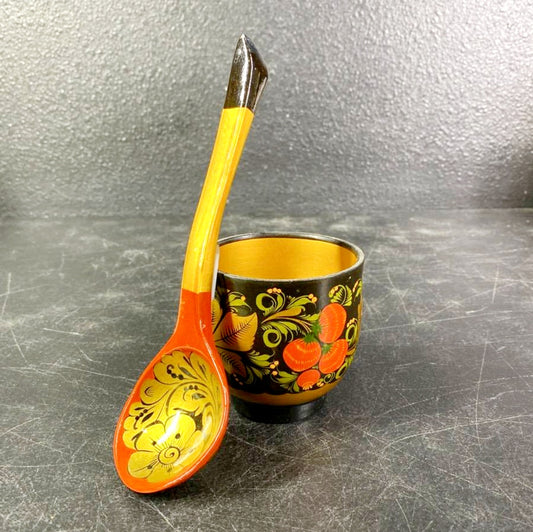 Vintage *Khokhloma Cup/Spoon 'Wooden Strawberry Pattern' Hand Painted