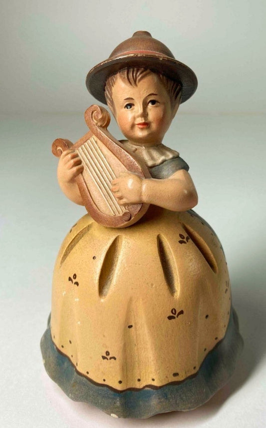 Vintage *Anri Wooden 5" Music Box (Girl w/ Lyre) Swiss Movement