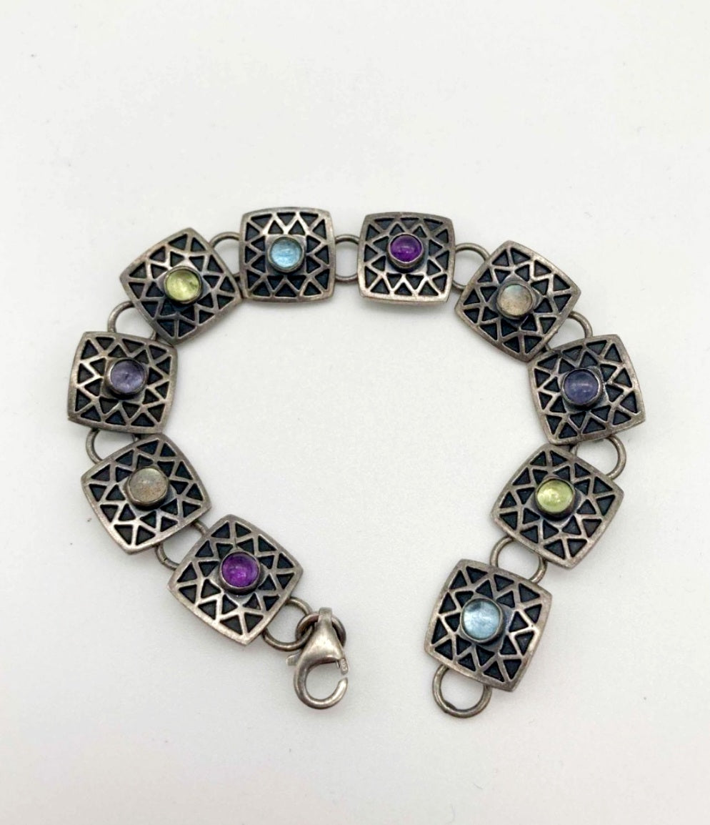 Beautiful *Colorful & Sterling Silver .925 Square Link Bracelet