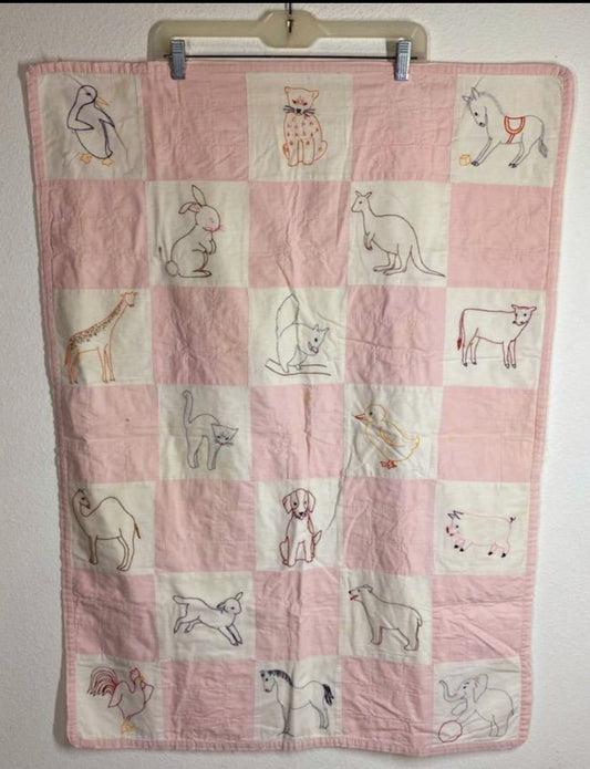 Cute *Pink Child or Baby Quilt w/ Animal Blocks