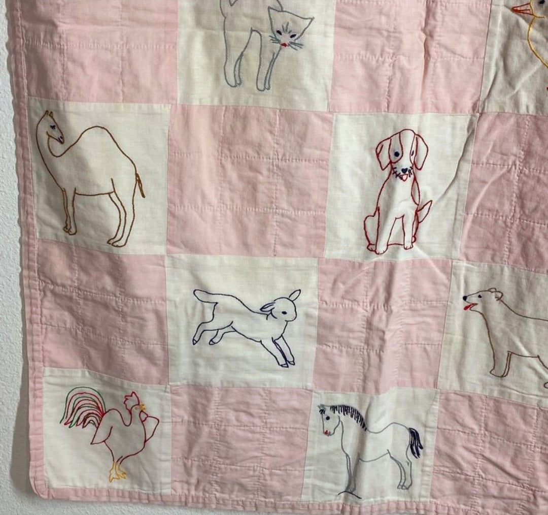 Cute *Pink Child or Baby Quilt w/ Animal Blocks