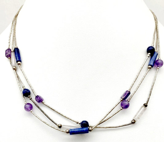 Pretty *Sterling Liquid Silver Necklace w/ Amethyst & Sodalite Beads