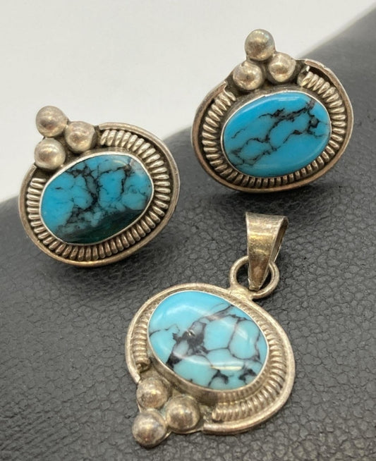 Stunning Trio *Sterling Silver & Turquoise Earrings & Pendant