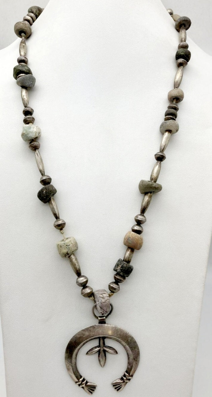 Vintage Sterling Silver & Stone Beads Sandcast NAJA Squash Blossom Necklace