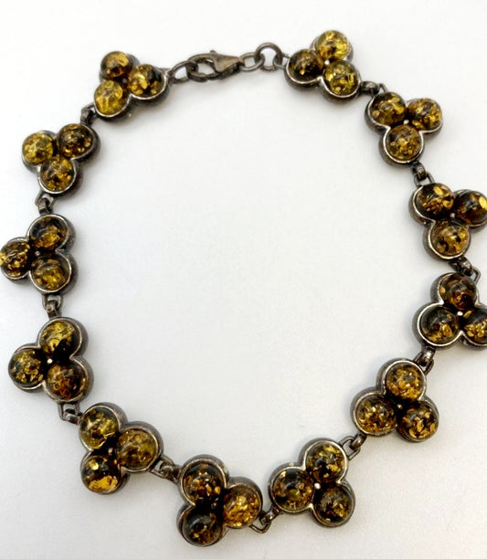 Beautiful *Sterling Silver & Yellow Amber Stone Clover Bracelet