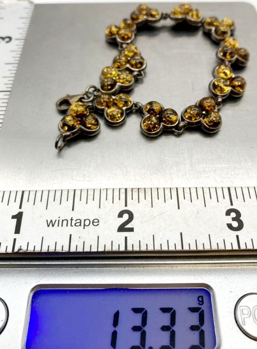 Beautiful *Sterling Silver & Yellow Amber Stone Clover Bracelet