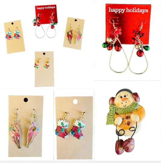A Little Christmas Bling Lot 3 (4 Earring Sets & 1 Broach)
