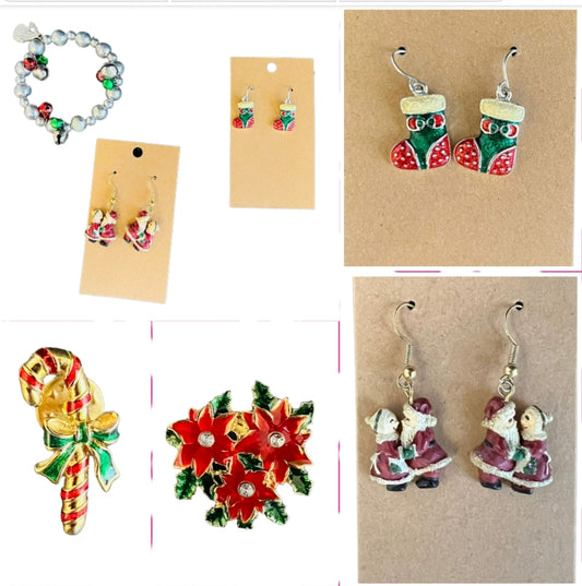 A Little Christmas Bling Lot 4 (2 Earring Sets, 2 Broachs & 1 Bracelet)