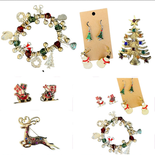 A Little Christmas Bling Lot 6 (3 Earring Sets, 2 Broachs & 1 Bracelet)
