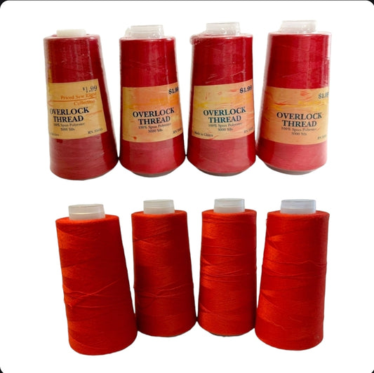 EIGHT (8) *Overlock Thread Spools RED 100% Spun Poly /Each 3000 Yds