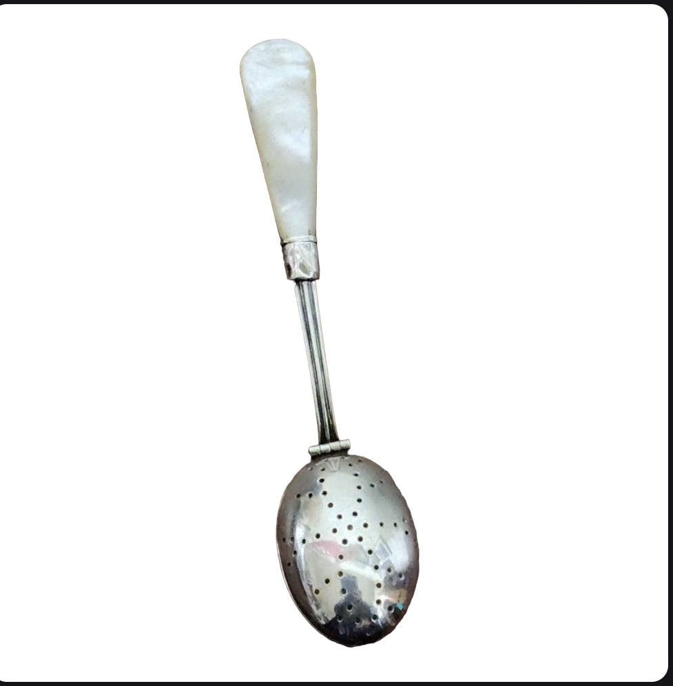 Antique *Silver Tea Infuser, Mother of Pearl Tea Strainer Steeper Spoon
